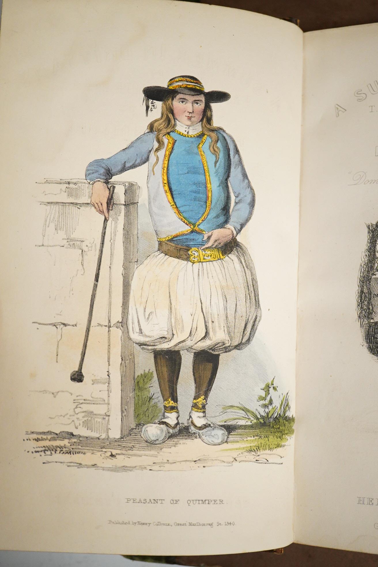 Trollope, T(homas) Adolphus - A Summer in Brittany, edited by Franses Trollope, 1st edition, 2 vols., with 10 etched plates by A. Hervieu, 2 hand-coloured lithograph frontis., etched title-page vignettes, gilt-decorated